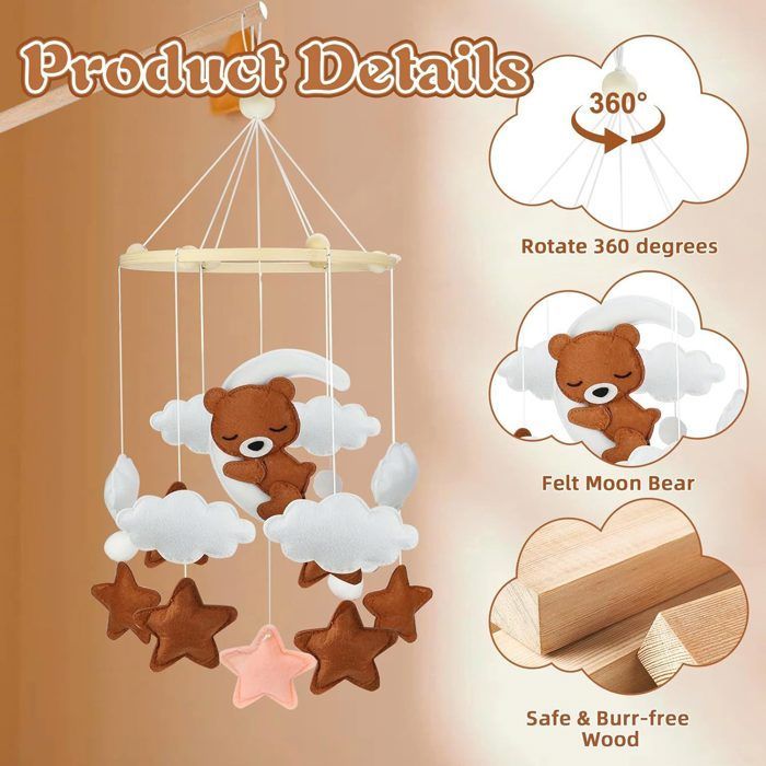 Móvil para cuna con aro de madera y simpáticos animales para bebés niños y niñas.