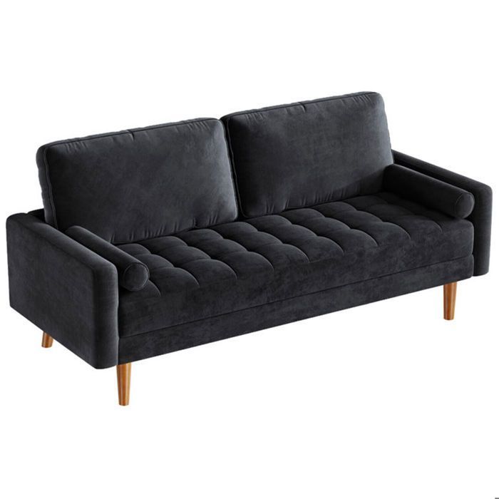 Canapé 2 Places en Velours Noir 142 x 76 x 85 cm,Canapé Scandinave avec 2 coussins pour le salon,Fauteuil Capitonné,Pieds en bois