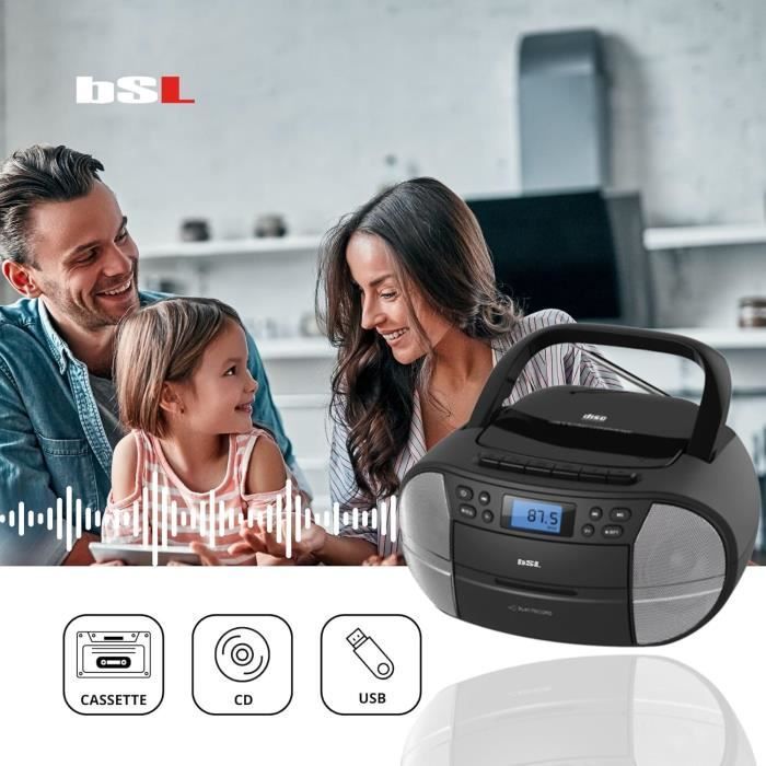 BSL Boombox JL2021A draagbare cd-radio met cassettedeck en Bluetooth, 6W RMS-vermogen, FM-radio en USB-poort, compatibel met USB