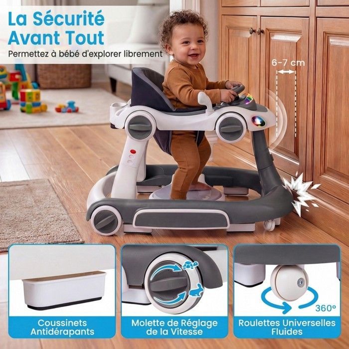 Andador convertible para bebé COSTWAY 7 en 1 - Altura y velocidad ajustables - Luces y música - Asiento extraíble y antivuelco - Gris y blanco