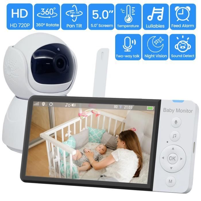 Monitor de video inalámbrico para bebés, pantalla IPS de 5 pulgadas con batería, cámara PTZ para niñera, VOX bidireccional, batería de 5000 mAh.