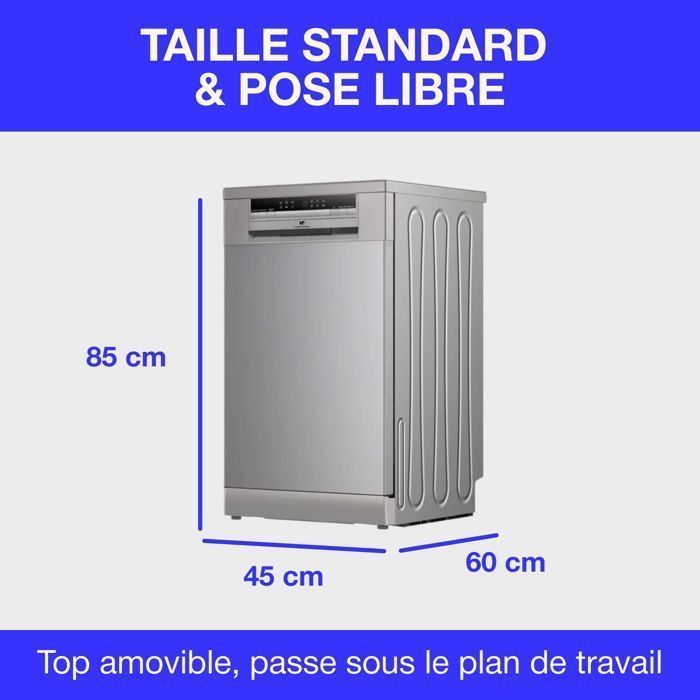 Lave-vaisselle pose libre - CONTINENTAL EDISON - CELV1145S - 11 couverts - 45 cm - 45 dB  - Silver