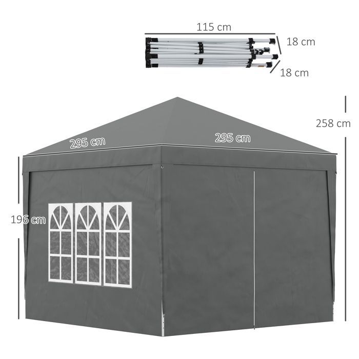 Opvouwbare partytent/paviljoen van 3 x 3 meter met 4 verwijderbare wanden + grijze draagtas