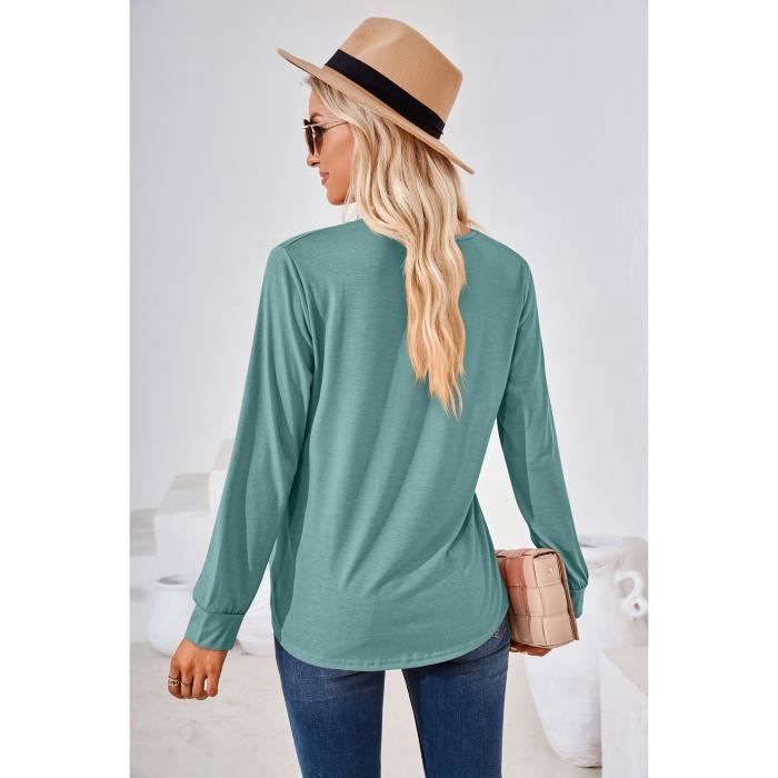 Pull Femme Col Carré Plissé Manches Longues Pullover Lâche Confortable Couleur Unie Pour Printemps Et Automne - Taille EU - Vert
