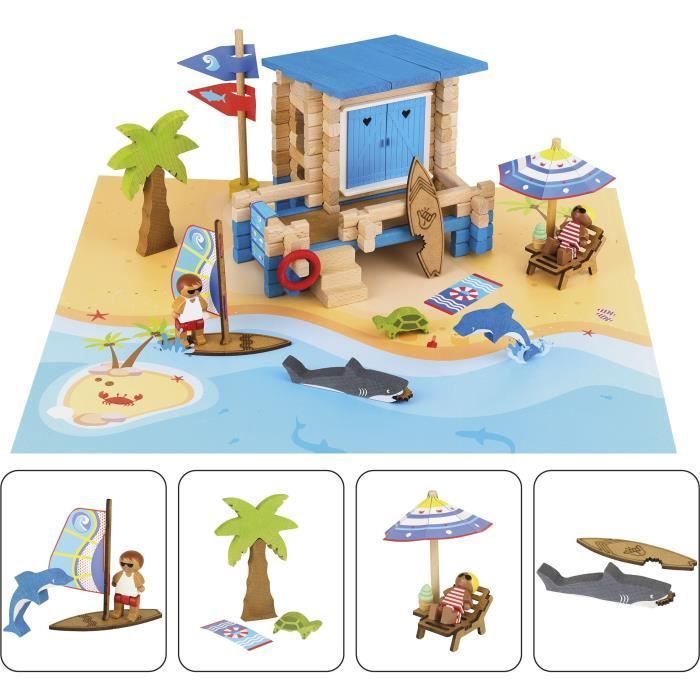 Journée à la Plage 120 Pièces - JEUJURA - Jeu de Construction en Bois Naturel, Tapis et Accessoires Inclus, 32x27x11 cm
