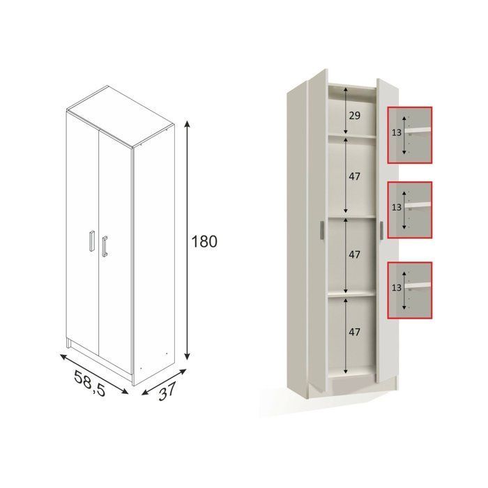 Dmora - Armoire polyvalente Salem 2 portes, 59x37h180 cm, Blanc, Panneau effet bois