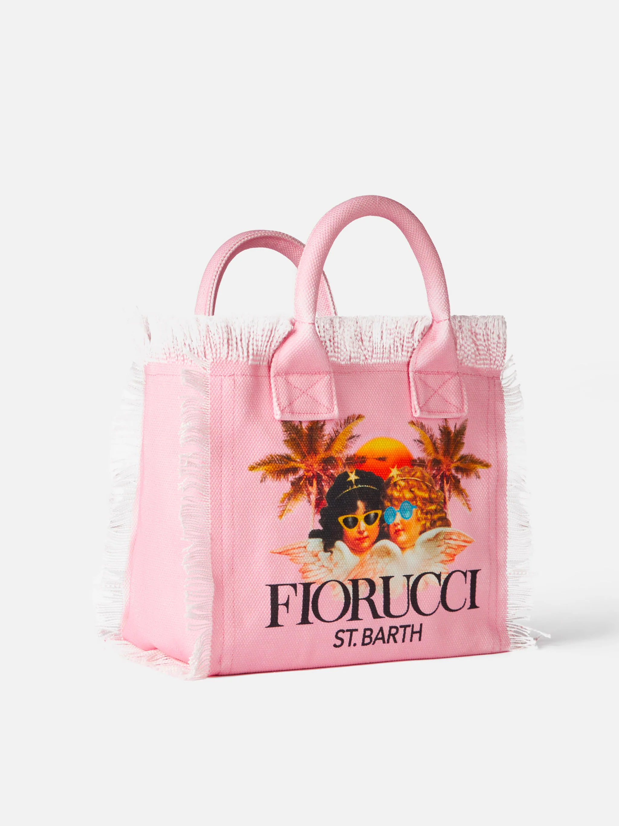 Roze Colette canvas handtas met franjes, Fiorucci Angels print, St. Barth logo en binnenvak met rits | MC2 Saint Barth | FIORUCCI SPECIALE EDITIE