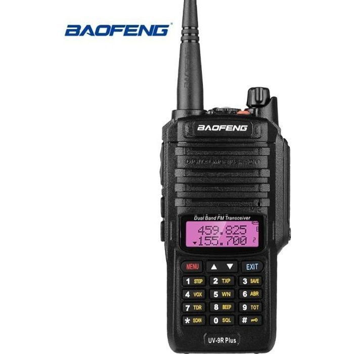Radio portátil Baofeng UV-9R Plus FM VHF/UHF con clasificación de resistencia al agua IP67, doble banda, pantalla y modo de espera de largo alcance (auriculares incluidos).