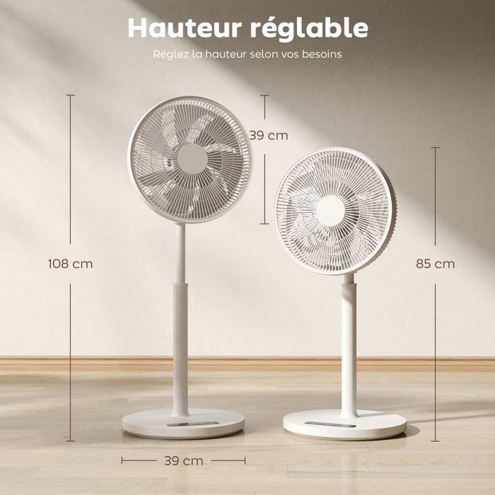 Ventilador de pedestal - HOMCOM - 12 velocidades, 4 modos, temporizador de 9 horas, oscilación de 120°, altura ajustable - ABS - 39x39x108cm - Blanco