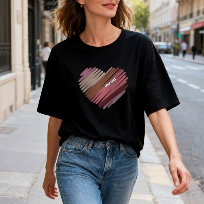 Camiseta de mujer, elegante camiseta de verano de manga corta con cuello redondo y estampado de corazón, cómoda - Roja