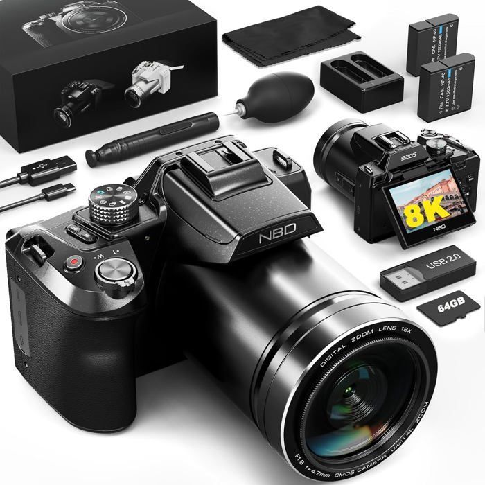 NBD Appareil Photo Numérique, 8K 64MP avec Autofocus et Zoom 16x Écran IPS 3