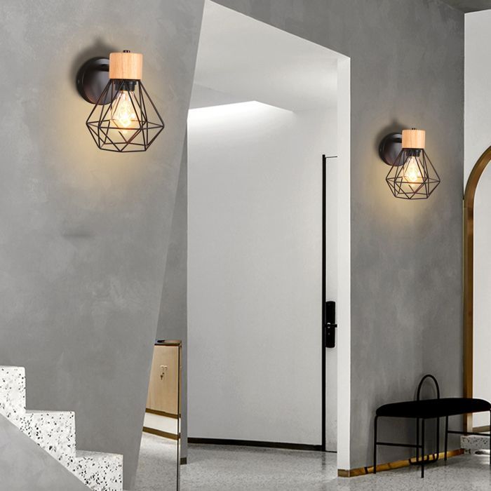 TOKIUS 2 Packs Applique Murale Industrielle Intérieure Design Cage en Métal Bois Luminaire E27 Rétro pour Chambre Couloir Salon Noir