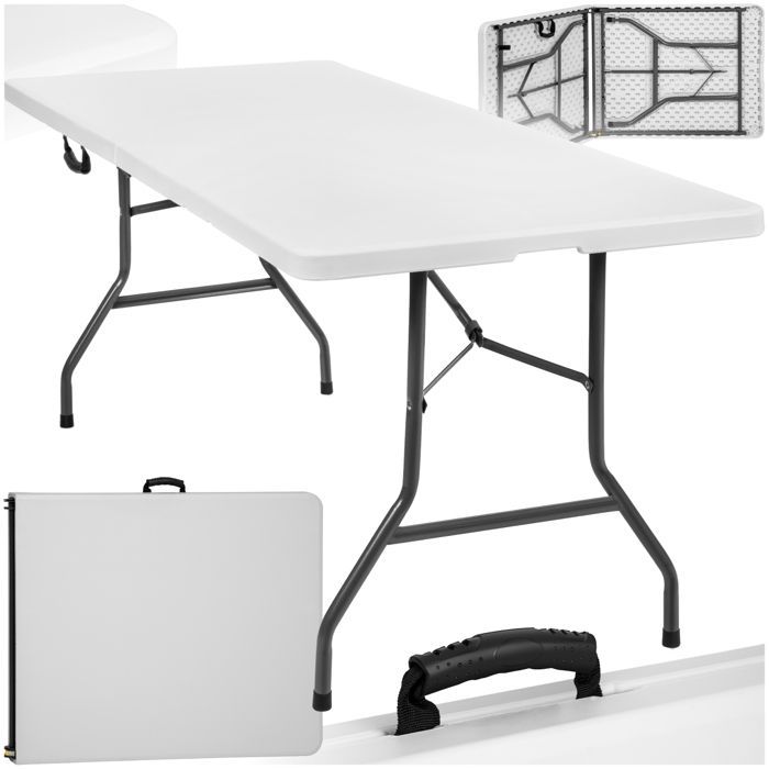 Mesa de camping - TECTAKE - Mesa plegable con correa de transporte incluida y patas antideslizantes 183 x 76 x 74 cm - Blanca