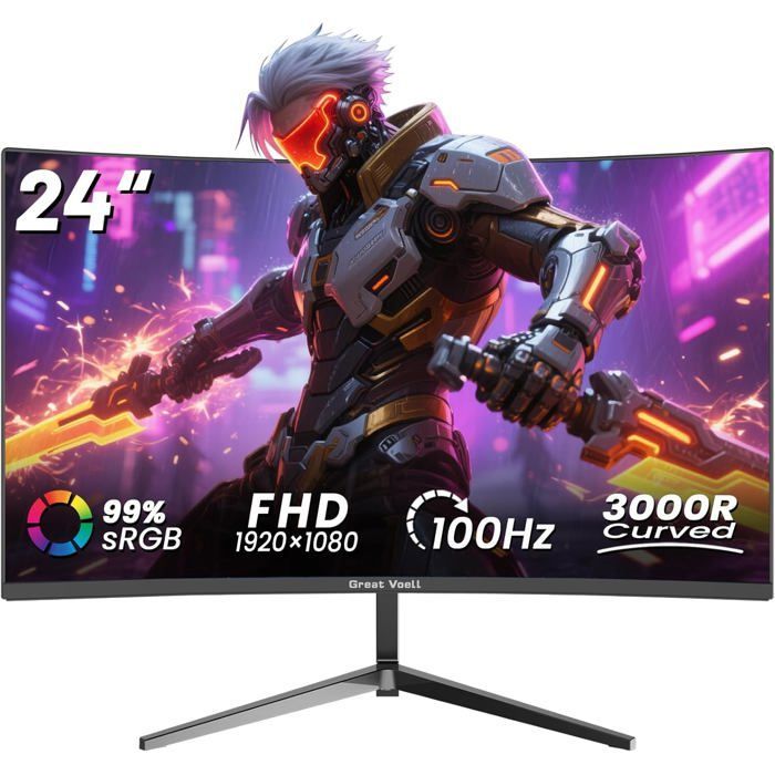 Monitor curvo para PC de 24 pulgadas - ZGEER - 100 Hz - HDR10 - 1920x1080 - FreeSync - VA - Relación de contraste 4000:1 - Negro - HDMI