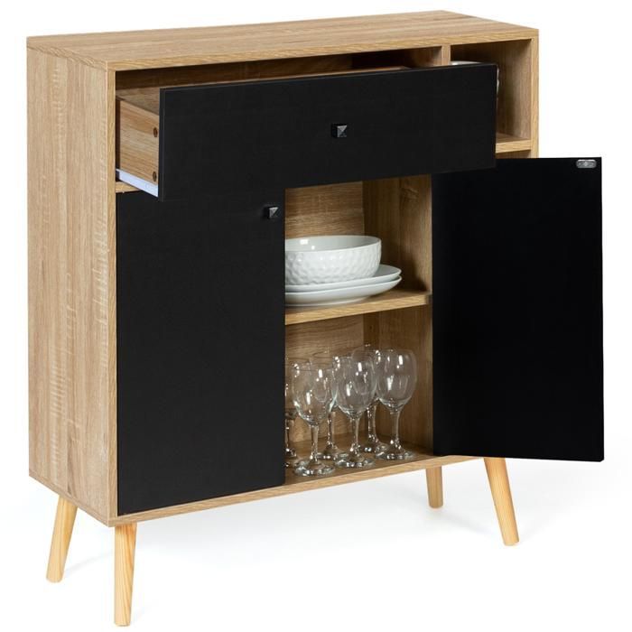 IDMARKET EMMIE Scandinavian wood and black storage unit with cupboard and drawer