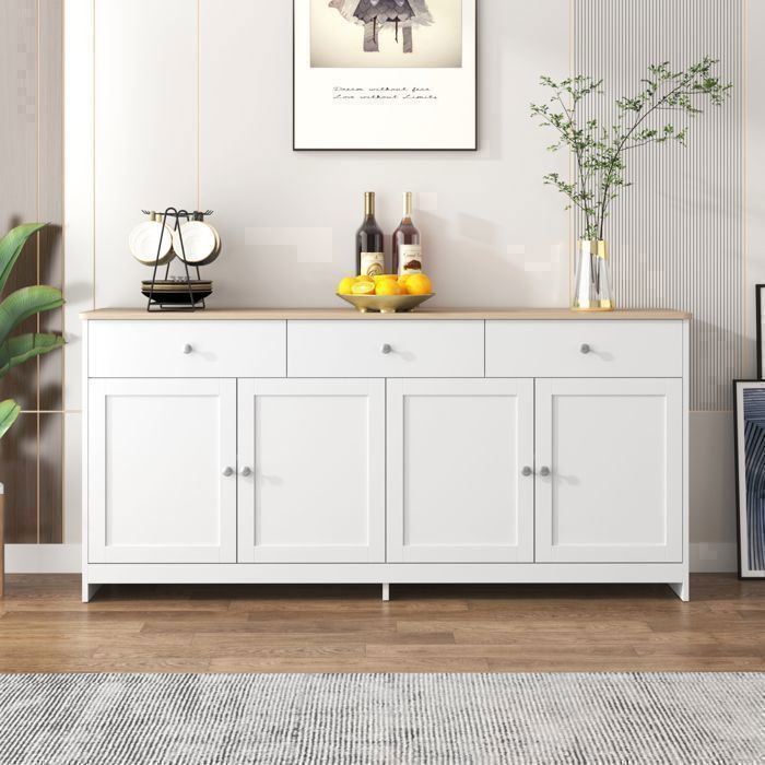 Aparador - EIFSON - Aparador de madera blanca - 4 puertas - 3 cajones - 160 x 37 x 75 cm