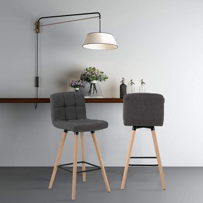 WOLTU Juego de 2 taburetes de bar con reposapiés, sillas de bar de diseño en madera maciza y lino, gris oscuro.