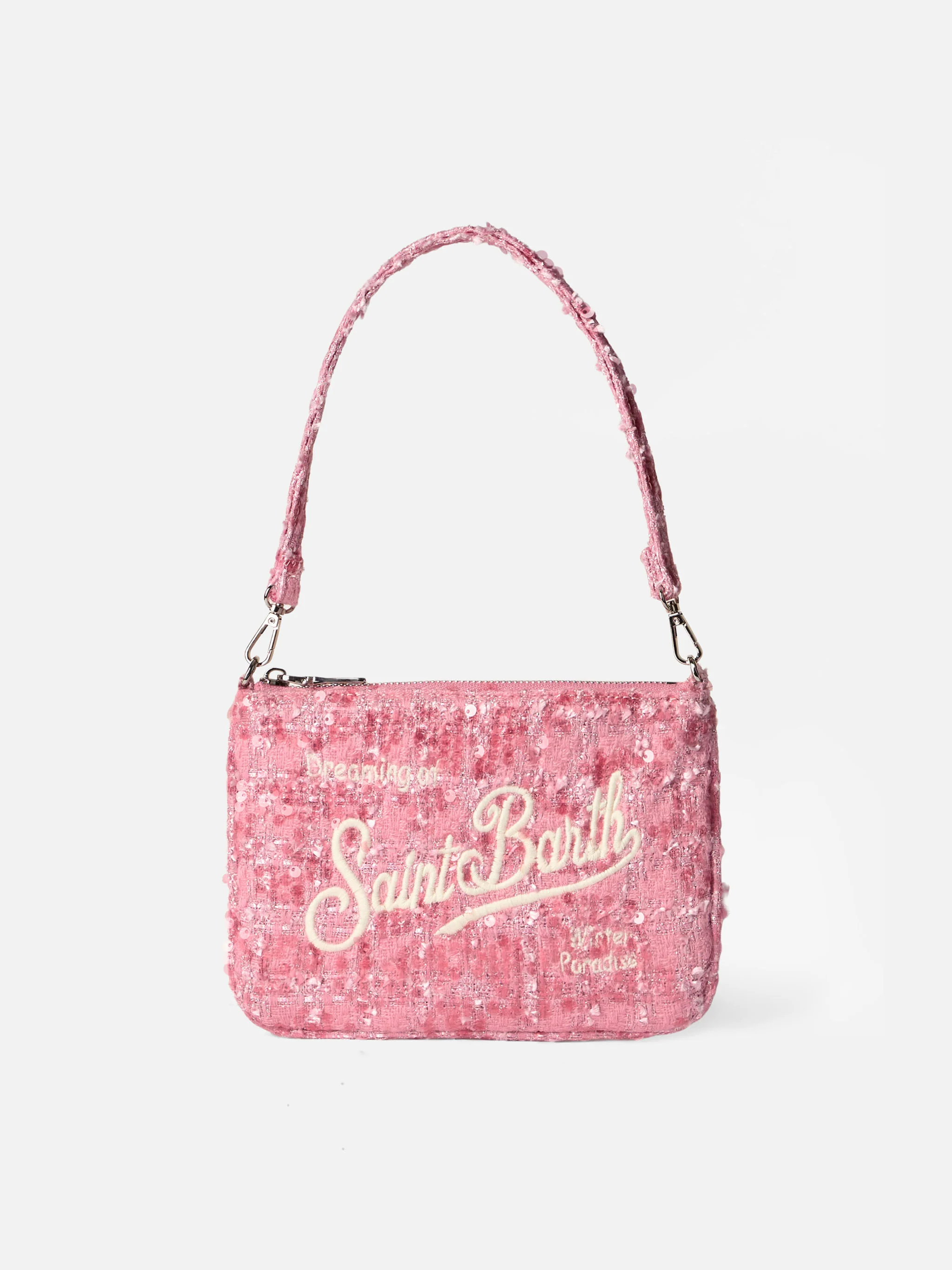 Mini Parisienne Pouch | Pink Tweed Fabric | Removable Brown Leather-Like Wrist & Shoulder Straps | Saint Barth Logo Embroidery | MC2 Saint Barth