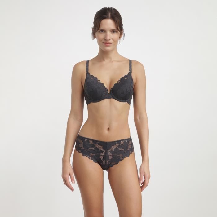 Sujetador balconette - DIM - Encaje - Encaje floral - Con aros - Gris oscuro