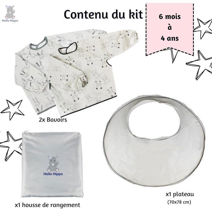 Conjunto Hello Hippo® com 2 babadores impermeáveis cinza estampados e bandeja de transição para cadeirão de bebê - Babadores + bandeja