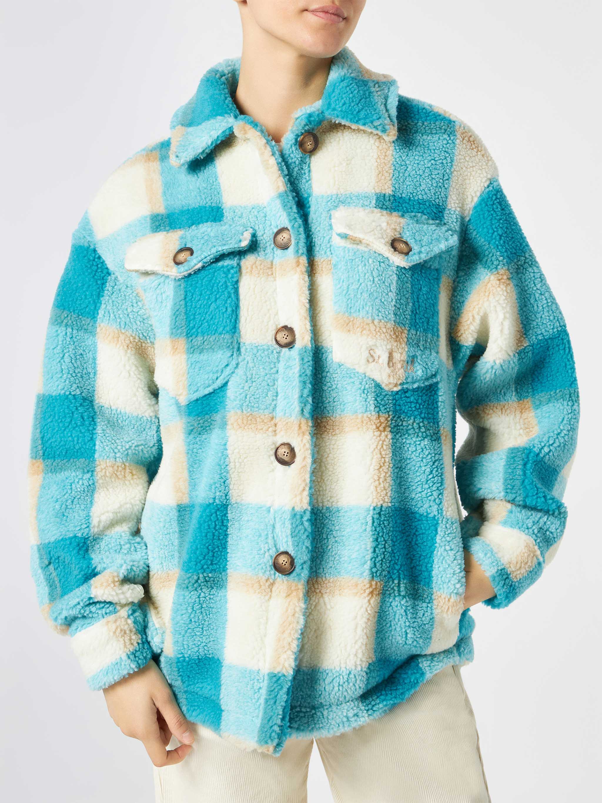 Sobrecamisa de sherpa con estampado de tartán para mujer