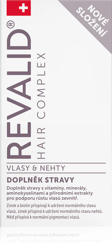 Revalid Hair Complex, suplemento alimentar em cápsulas para cabelo e unhas, promove o crescimento capilar e a saúde das unhas.