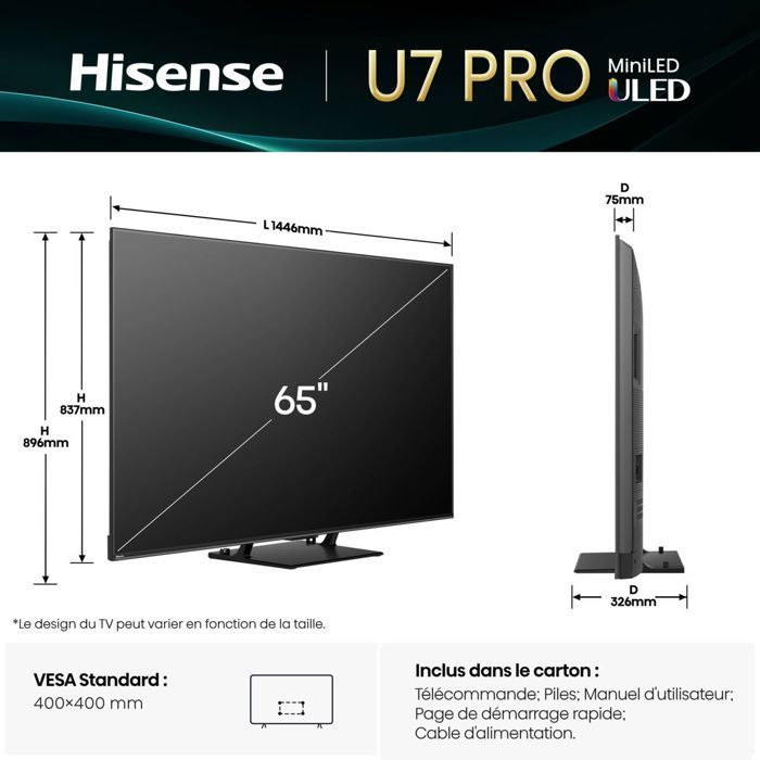 Television - Hisense - 65U7Q Pro - Mini LED QLED 4K - 65 inches - 2000 nits