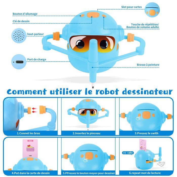 Robot Dessin Enfant - BLEOSAN - 100 Cartes (Animaux, véhicules, plantes) - Rechargeable - Stylo inclus - 3+ ans