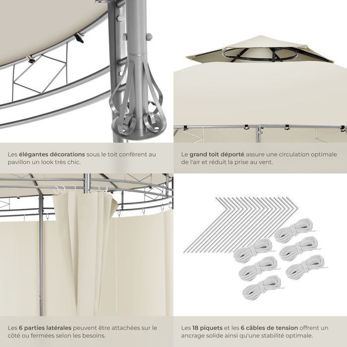 Pabellón de jardín - TECTAKE - Cenador SIANA con 6 paneles laterales de tejido hidrófugo, 3,5 m - Crema