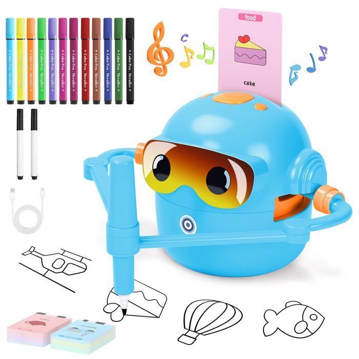 Robot Dessin Enfant - BLEOSAN - 100 Cartes (Animaux, véhicules, plantes) - Rechargeable - Stylo inclus - 3+ ans