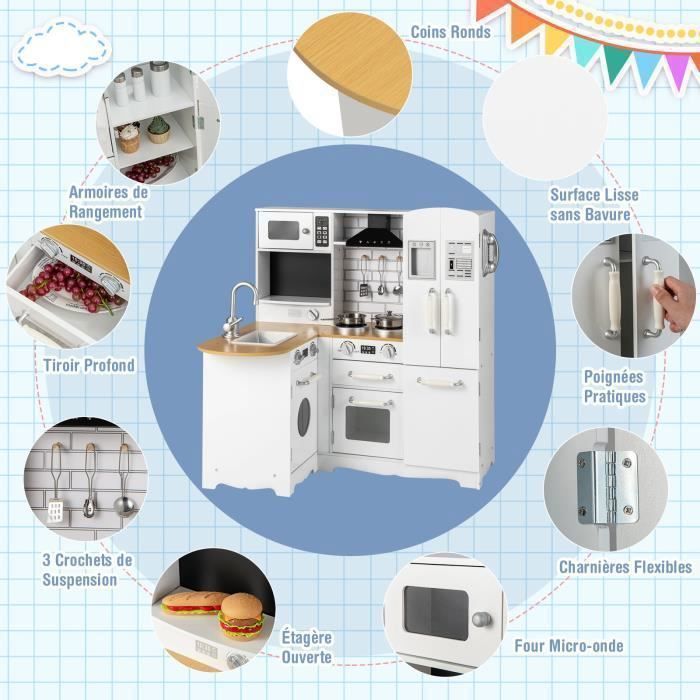 Cocina interactiva XXL para niños de COSTWAY - A partir de 3 años - 5 accesorios con teléfono de madera blanca