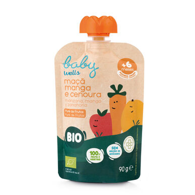„Baby Wells“ ekonominė pakuotė obuolių, mangų ir morkų tyrės 10 x 90 g 10 x 90 g