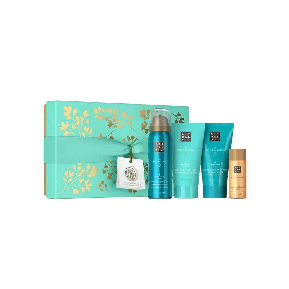 „The Ritual of Karma“ dovanų rinkinys S: putojantis dušo želė 50 ml, kūno šveitiklis 70 ml, kūno losjonas 70 ml, kūno blizgučiai 30 ml
