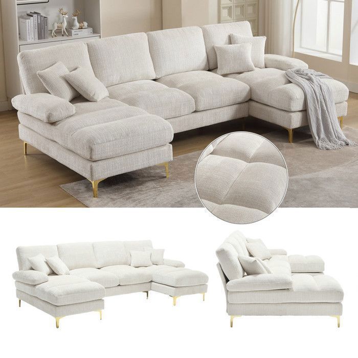 Panorama-Ecksofa in U-Form, 5/6-Sitzer, aus weißem Chenille-Samt – für Wohnzimmer, Büro, Wohnung – B 272 x T 136 x H 88 cm