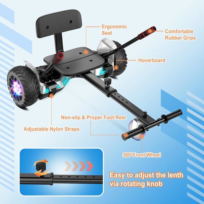 Hoverboard with integrated seat, 8.5 inches with Bluetooth speaker and LED lights for children (including pedal kart) Silver