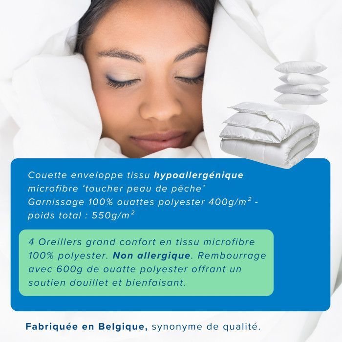 Pacchetto invernale: piumone Blue Moon (220x240 cm) e 4 cuscini (60x60 cm) - 550 g/m² - Comfort ipoallergenico - Prodotto in Belgio