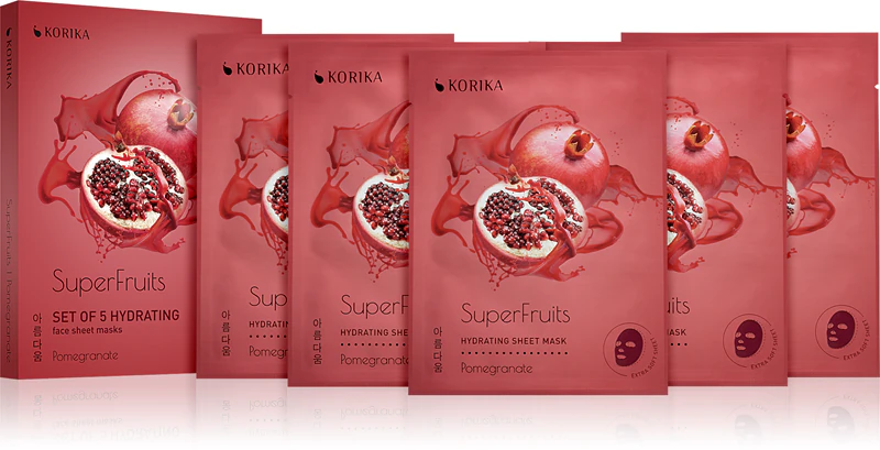 KORIKA SuperFruits Romã - Conjunto de 5 Máscaras Faciais Hidratantes em Tecido: um conjunto de máscaras faciais com preço reduzido e efeito hidratante de romã.