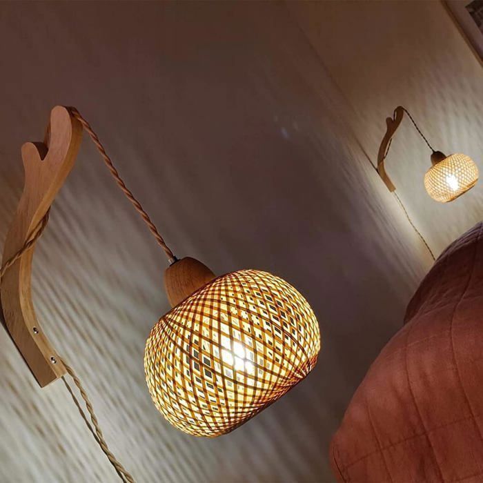 Luminária de parede retrô de madeira para interiores, estilo lanterna de bambu, design criativo com soquete E27, plugue e interruptor (lâmpada inclusa).