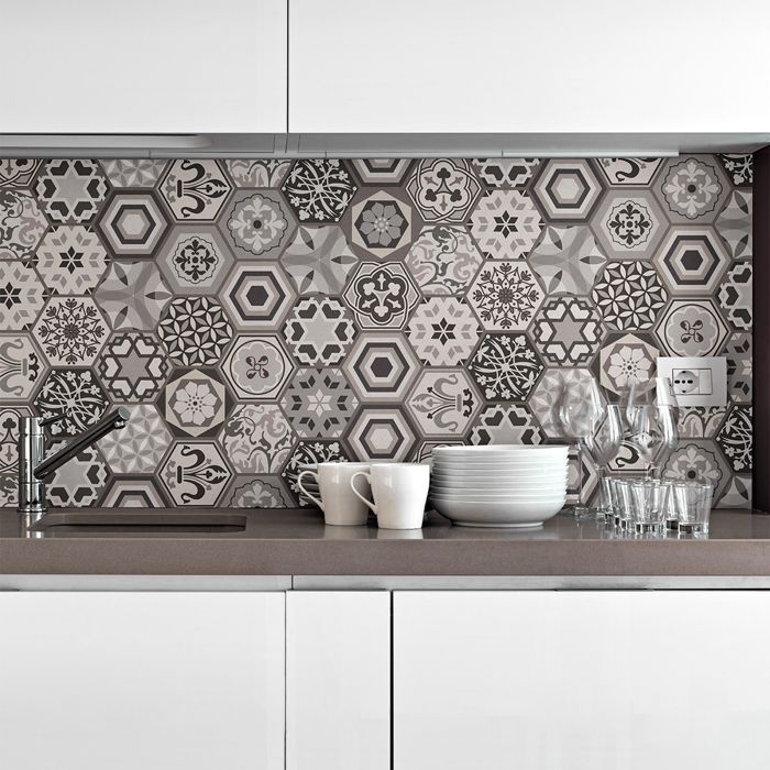 Self-adhesive wall tile stickers for kitchen and bathroom - Hexagonal tiles in shades of grey mosaic - 28 hexagon stickers, 10x9cm