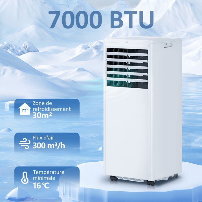 Aire acondicionado portátil - HOMCOM - 7000 BTU - Refrigeración, deshumidificación, ventilador, modo nocturno - ABS - 29,7 x 28,8 x 69,7 cm - Blanco