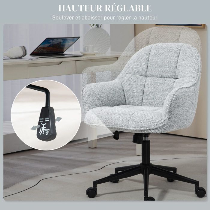 Fauteuil chaise de bureau HOMCOM dossier assise capitonnée hauteur réglable pivotant 360° piètement noir revêtement tissu gris