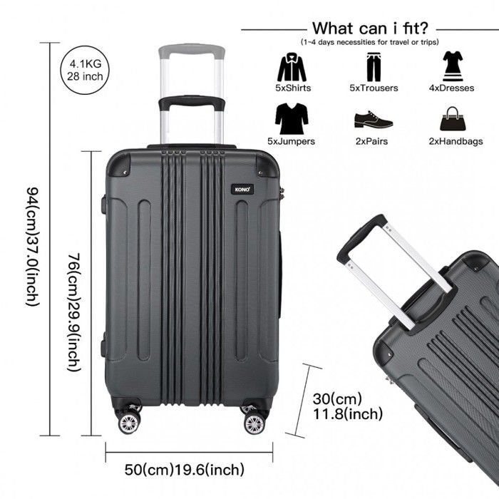 Maleta de cabina Kono de 76x50x30cm, ultraligera, de ABS, rígida, con 4 ruedas, para viajes, pequeña, color gris.