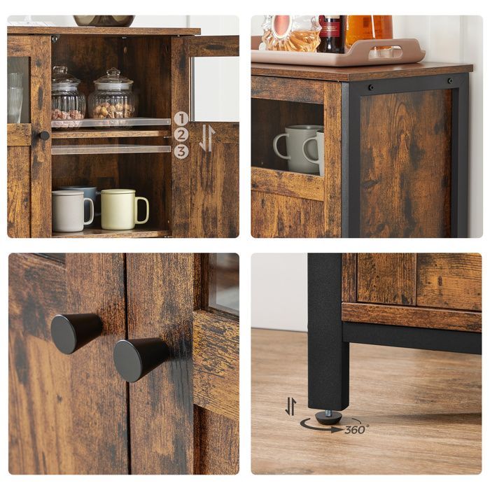 VASAGLE Opbergkast, dressoir, met 3-deurs kast, stalen frame, industriële stijl, rustiek bruin en inktzwart