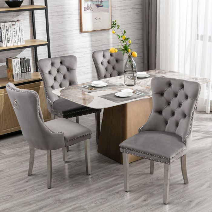 Chaise de Salle à Manger en Velours Contemporaine - Lot de 2 Chaise Rembourrée - Garniture Cloutée, Gris et Chrome