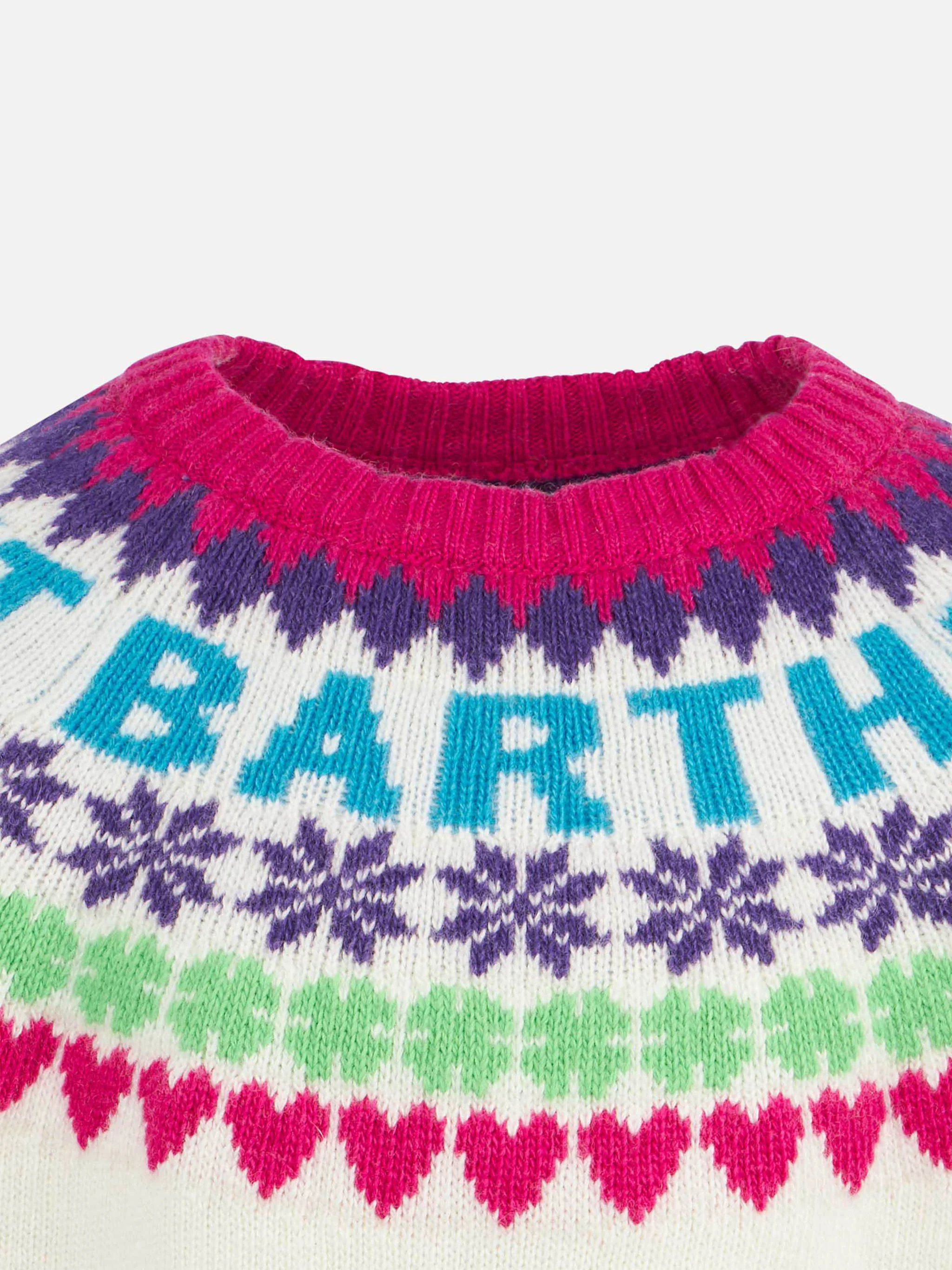 Jersey blanco de cuello redondo para niña con estampado de corazón y estampado Fair Isle