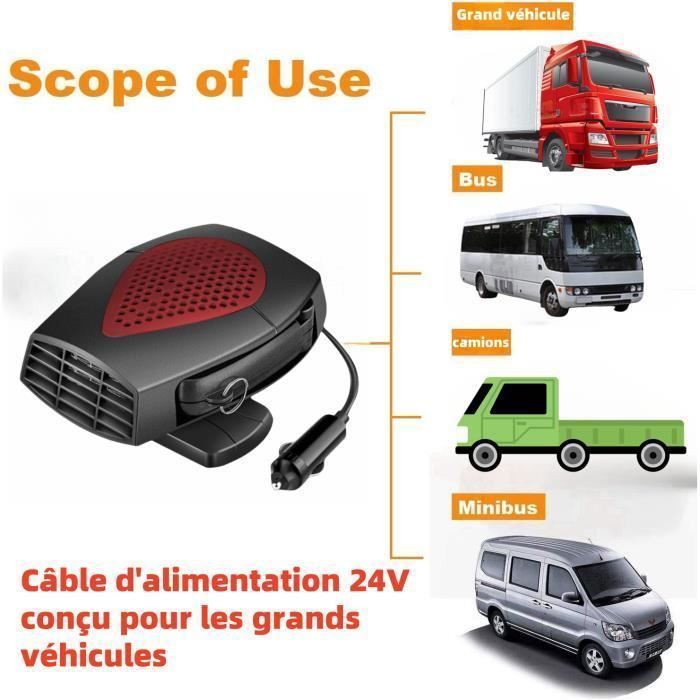 Chauffage de Voiture - 24V - 150W - Portable 2 en 1 - Soufflant avec Base Rotative 360° - Universel