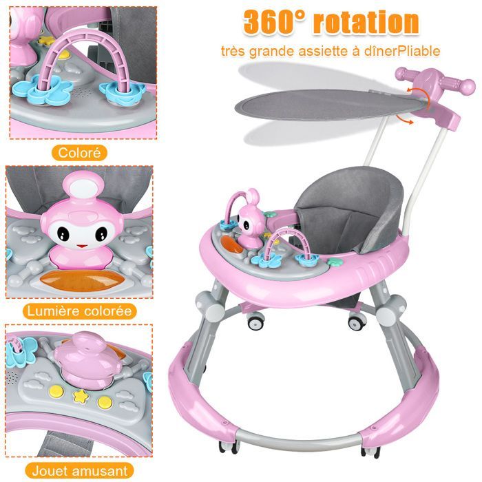Andador para bebé niña MIPAN - Andador plegable con luz y música - Ajustable - Para bebés de 6 a 18 meses - Rosa