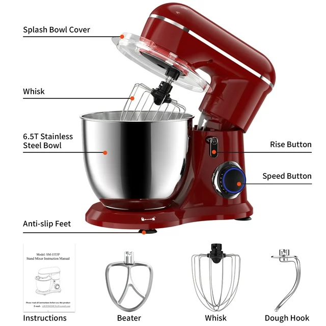 Samsaimo Küchenmaschine, 6,5 l, 660 W, 10 Geschwindigkeitsstufen, kippbarer Rührkopf, elektrische Küchenmaschine mit Schüssel, Knethaken, Rührbesen und Schneebesen für die meisten Hobbyköche