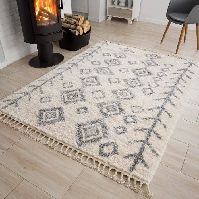TAPISO VERSAY Long Pile Living Room Rug, Cream Grey with Berber Fringe, Polypropylene, Indoor, 80x200 cm