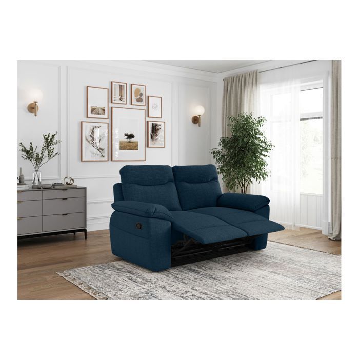 Sofá reclinable manual de 2 plazas ROSS en tejido texturizado 3D - Azul oscuro - 160 x 100 x 102 cm - LOUNGITUDE